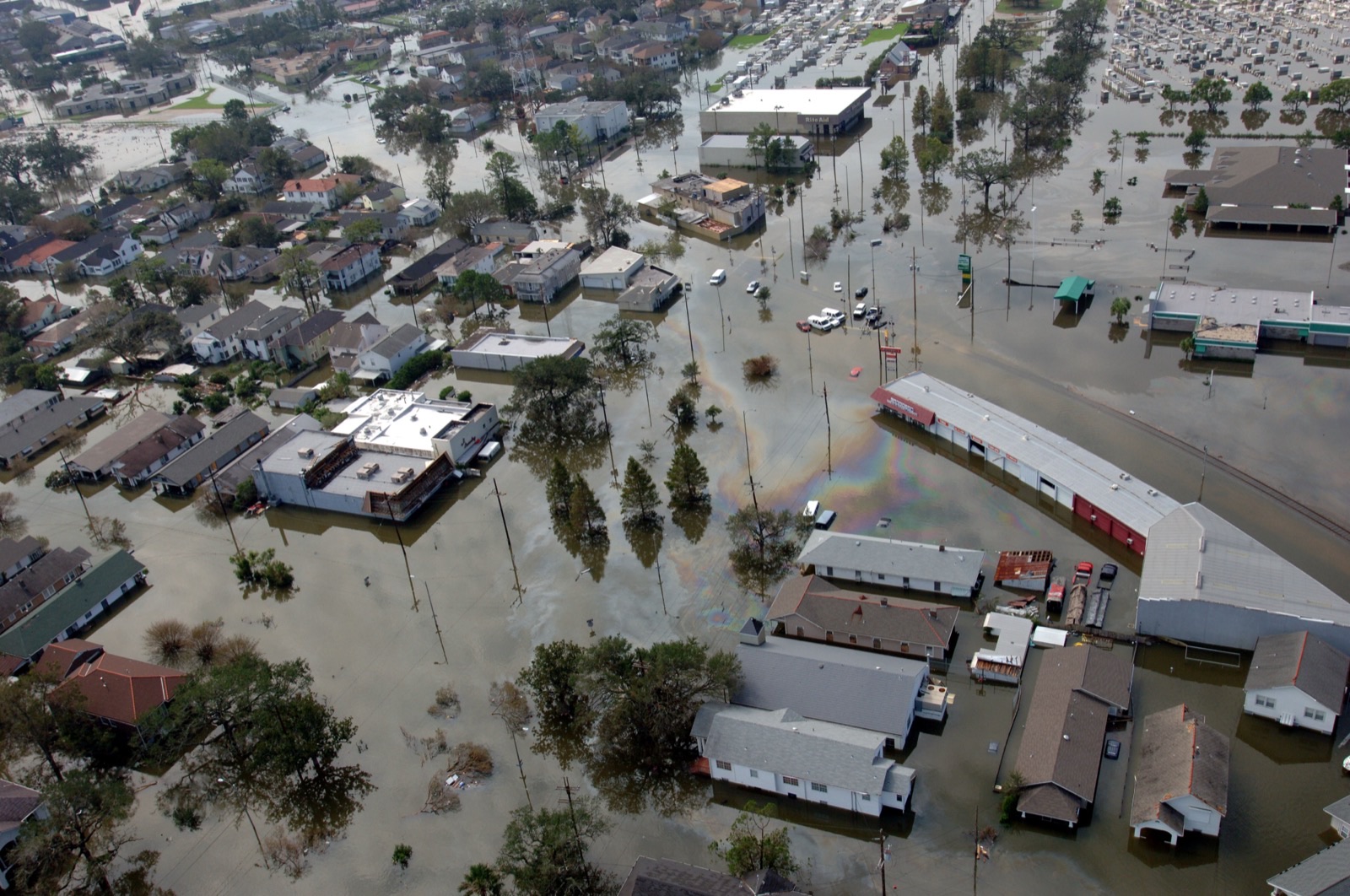 Aerial view of a flooded residential subdivision